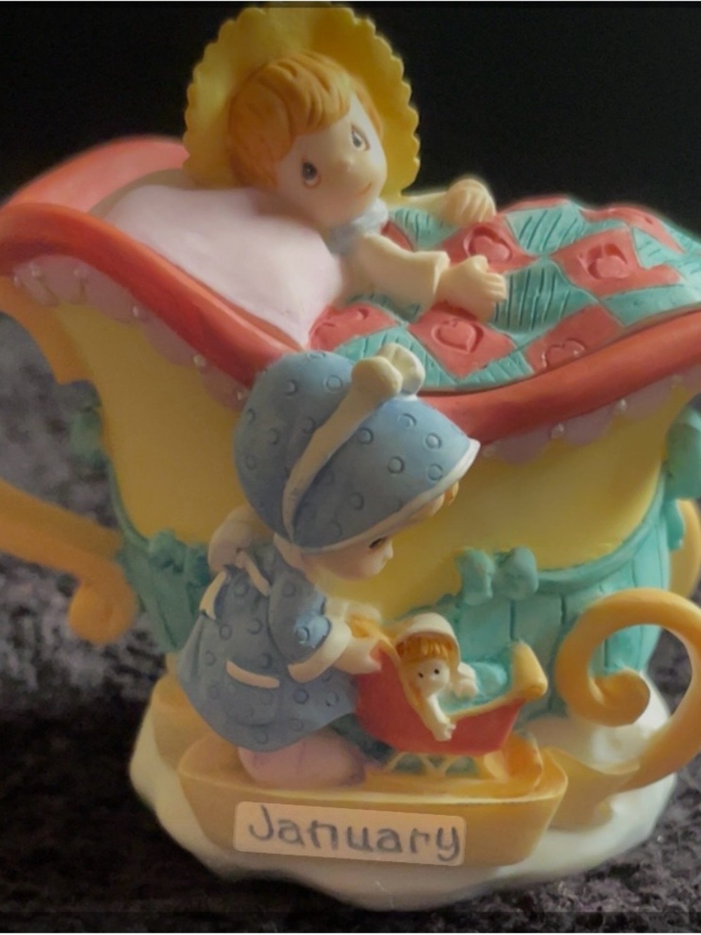 NIB Vintage 1999 Precious Moments Monthly Mini Tea Pot Sled January